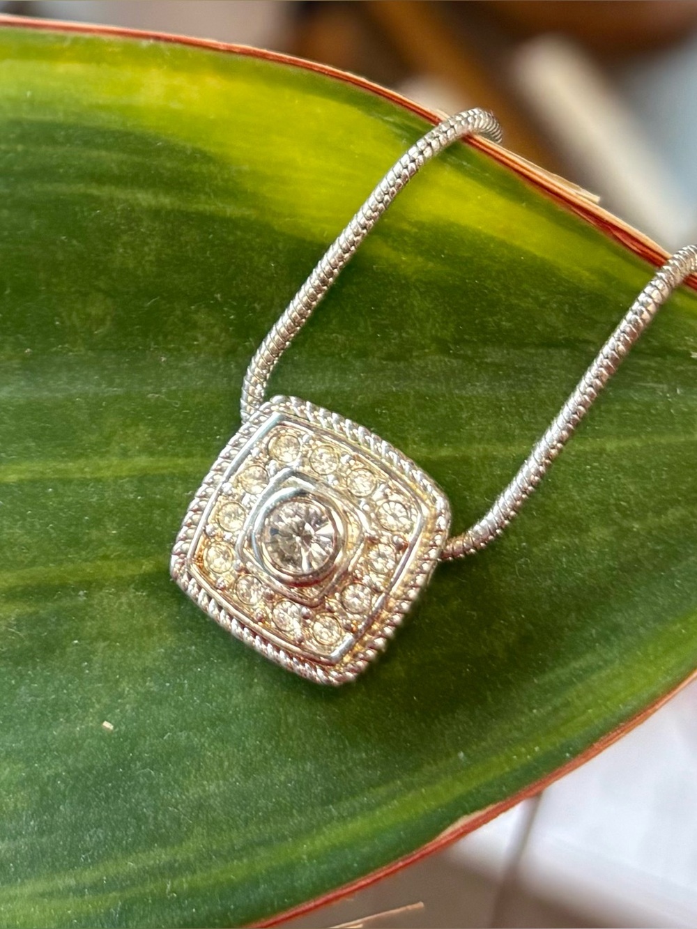 MONET Silver Rope Chain Rhinestone Pavé Square Pendant Necklace Adjustable 9”